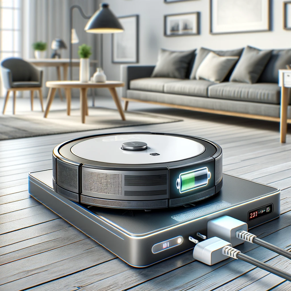 DALLE 2024-06-11 130552 - A detailed image of a robot vacuum in a modern home setting focusing on its battery and charging process The robot vacuum should be docked on its ch