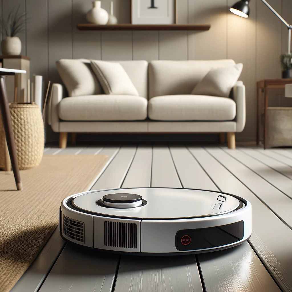 DALLE 2024-06-11 130950 - A high-quality illustration of a robot vacuum cleaner without any brushes in a minimalist home setting The robot vacuum should be shown on a clean fl