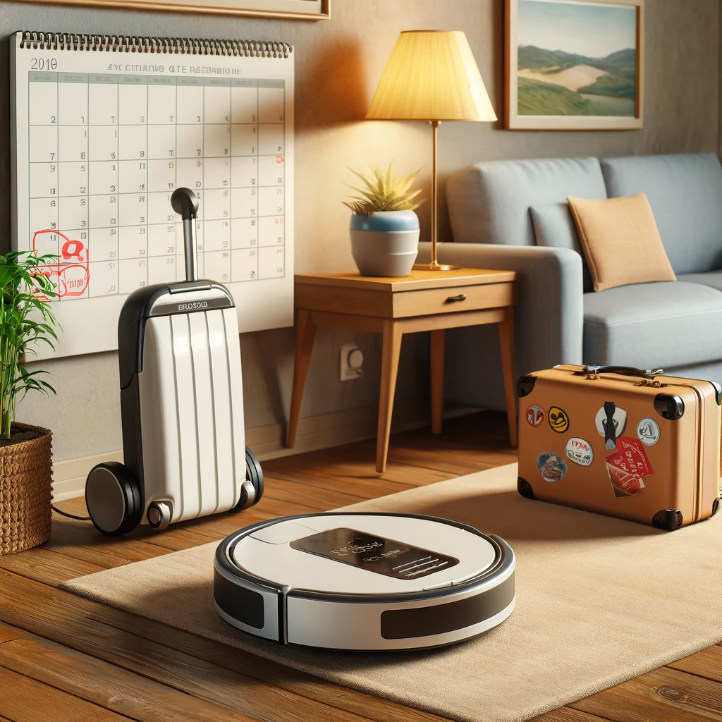 DALLE 2024-06-11 131227 - A realistic and detailed image depicting the concept of whether to unplug a robot vacuum cleaner during a vacation The scene should show a modern liv