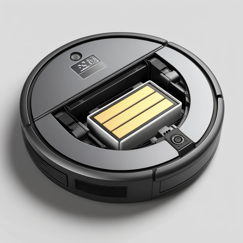 DALLE 2024-06-11 132027 - A highly realistic and detailed illustration of a robot vacuum cleaner with its battery compartment open showcasing a single square-shaped battery in