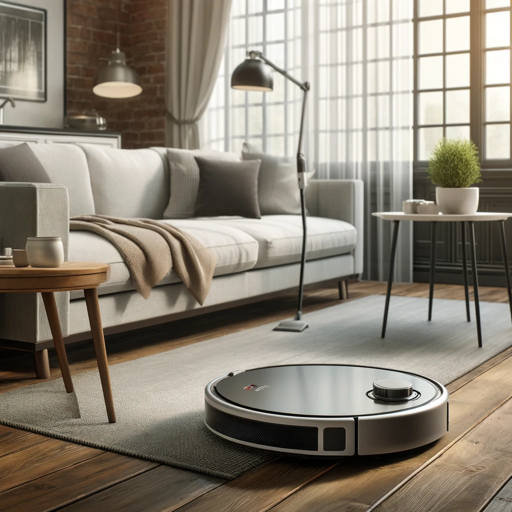 DALLE 2024-06-11 132323 - A realistic scene featuring a robot vacuum cleaner in a modern living room The robot vacuum should be seen cleaning the floor with a stylish sofa c