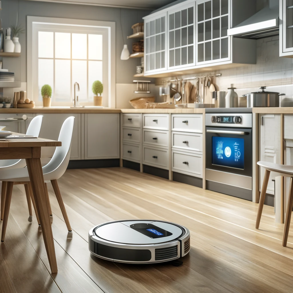 DALLE 2024-06-11 132415 - A realistic scene featuring a robot vacuum cleaner working in a modern kitchen The robot vacuum should be seen cleaning the kitchen floor with eleme