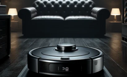 DALLE 2024-06-11 134239 - A realistic scene featuring a robot vacuum cleaner positioned exactly in the center of the frame charging at its docking station in a dark moody an
